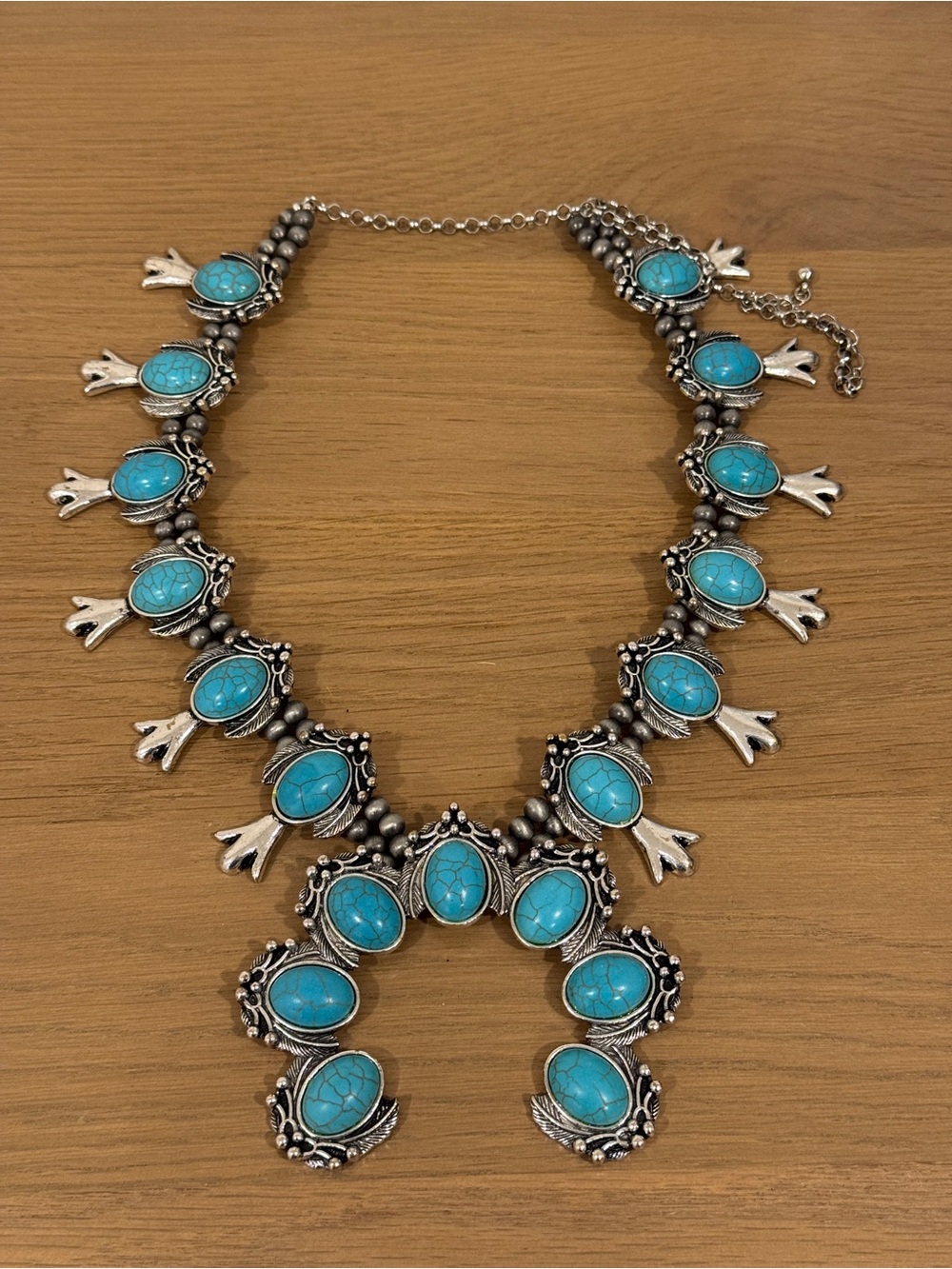 Turquoise Stone Squash Blossom Necklace - Silver Tone Women’s Jewelry